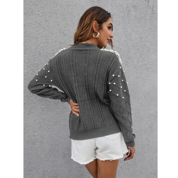 Pearl Embellished Grey Knit Textured Sweater - Picture 3 of 8